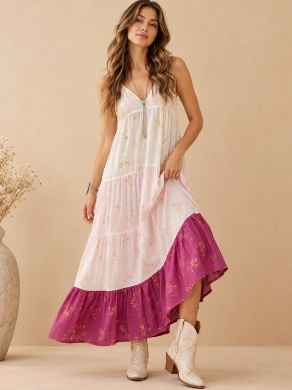 Boho Tiered Floral Colorblock Spaghetti Strap Maxi Dress